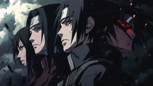 Four anime warriors stare forward with intense focus