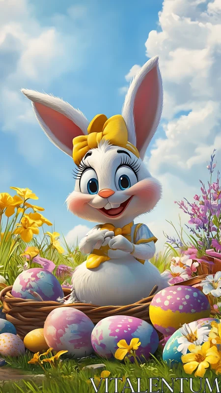 Sunny springtime bunny cuddled in a nest of pastel eggs.