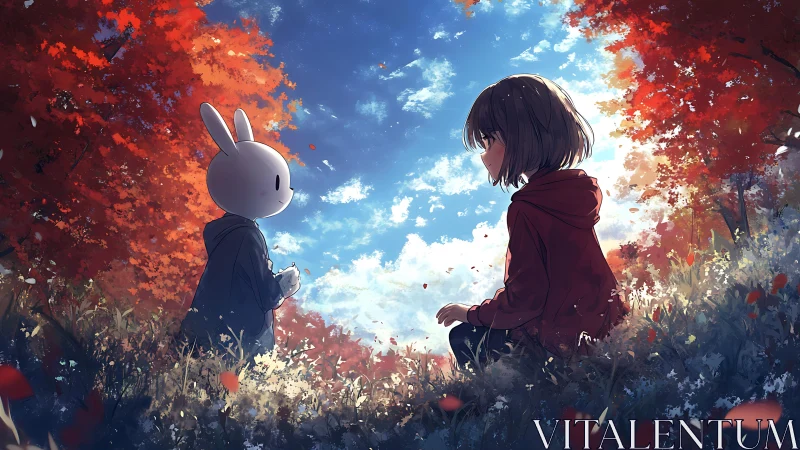 Autumn meadow meeting between girl and rabbit-hooded friend.