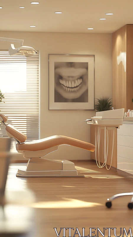 Sunlit minimalist dental operatory rendered in warm tones