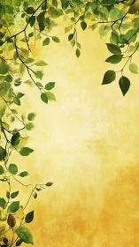 Vertical botanical frame with green foliage on textured gold