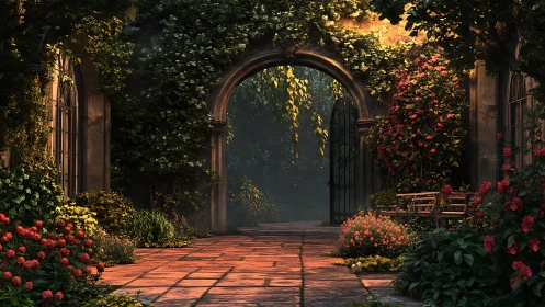 Evening light tiptoes through a secret blooming courtyard