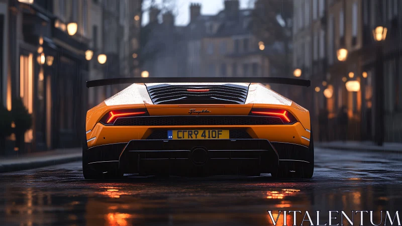 Golden supercar glows warmly on a rainy cobblestone street