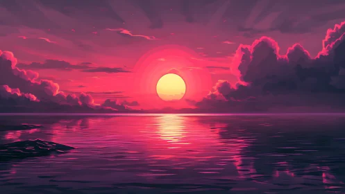 Digital seascape depicts stylized sun over reflective horizon