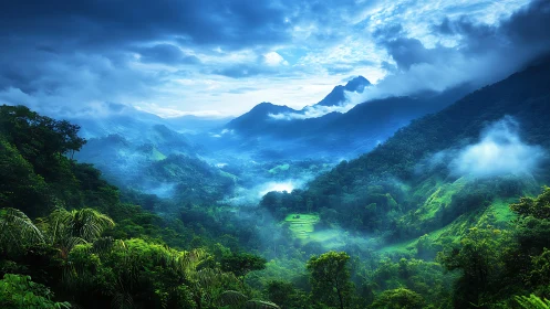 Emerald mountain valley glows beneath stormy blue skies
