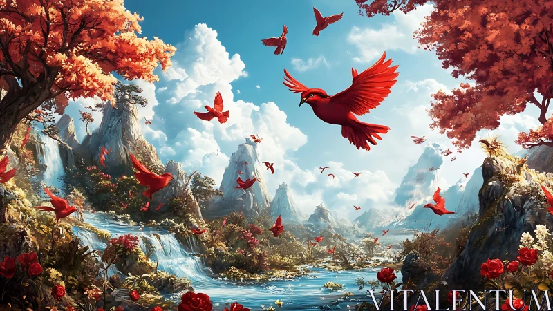 Red birds fly over stylized waterfalls in a vivid valley