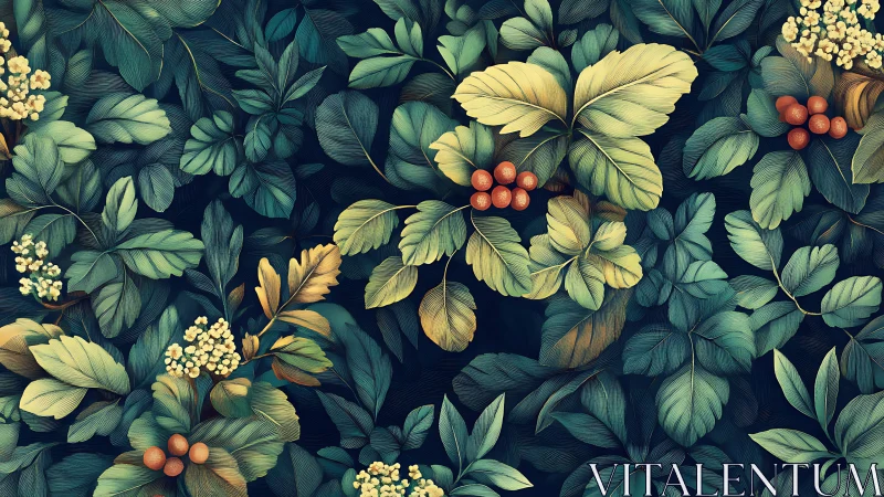 Dense botanical foliage pattern with stylized shading and berries