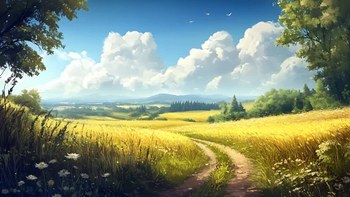 Curving dirt path divides sunlit wheat fields under cumulus sky