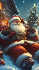 Cozy Santa resting in the snow after a joyful night.