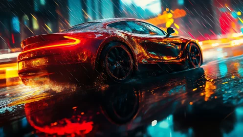 Cyberpunk supercar in neon rain with dynamic reflections.