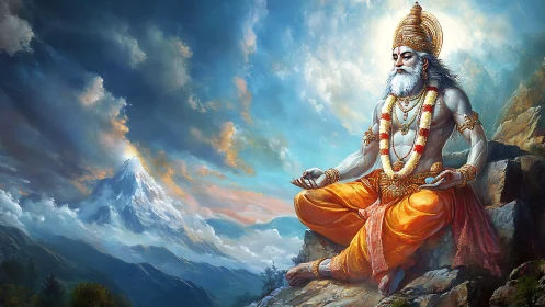 Majestic sage in golden robes meditates above misty peaks
