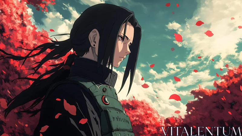 Solitary anime warrior in red leaf storm under dramatic sky