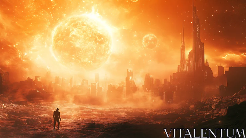 Solar cataclysm above a forsaken futuristic megacity skyline.