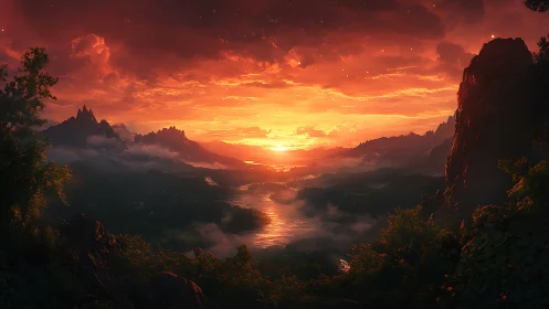 Ember-drenched valley sunset over misty mythic mountains.