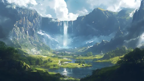 Sunlit fantasy valley unfolds beneath towering waterfalls
