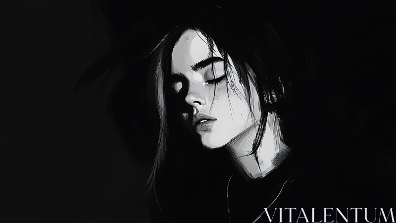 Monochrome portrait of serene woman in deep shadowed silence.