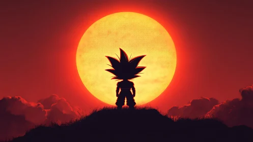 Silhouetted spiky‑haired warrior aligned with blazing sun.
