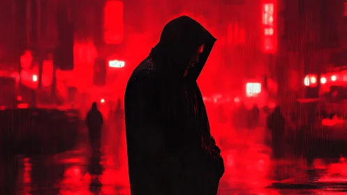 Hooded loner in neon red rainy cityscape at night.