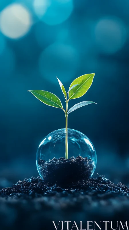 Young green plant in soil encased within clear glass sphere.