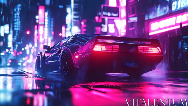 Neon-soaked retro supercar races through rainy cyber city streets.