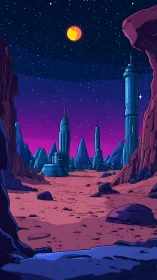 Retro sci fi colony beneath vivid alien night sky.