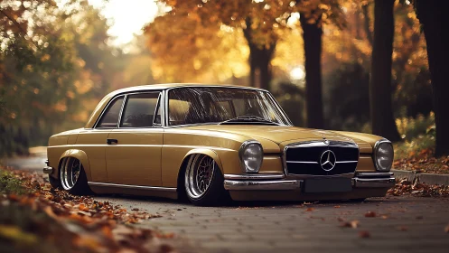 Lowered classic Mercedes coupe parked on leaf-covered autumn lane