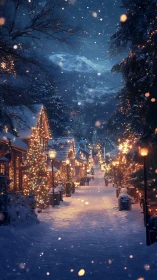 Snowy mountain village glowing with cozy Christmas lights.