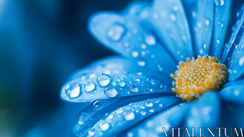 Blue flower petals covered with water droplets and yellow center.