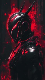 Armored humanoid profile in red illuminated digital scene.