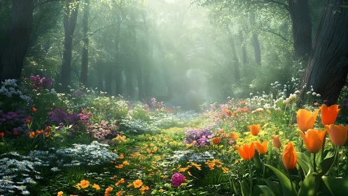 Sunlit Forest Garden with Blooming Flowers.