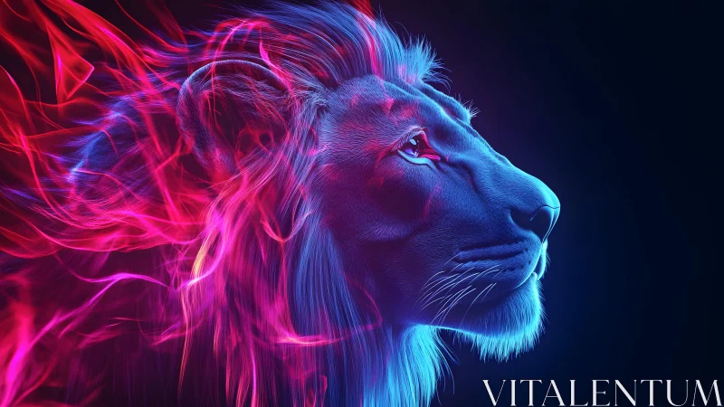 Majestic lion in neon light, digital art with vibrant colors.