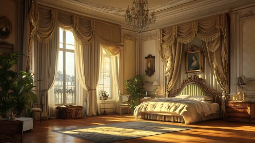 Sunlit baroque bedroom shows ornate drapery and carved bed