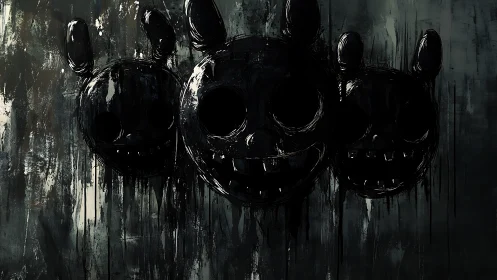 Brooding black rabbit masks in dripping abstract horror.