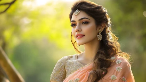 Elegant South Asian portrait in golden outdoor bokeh light.