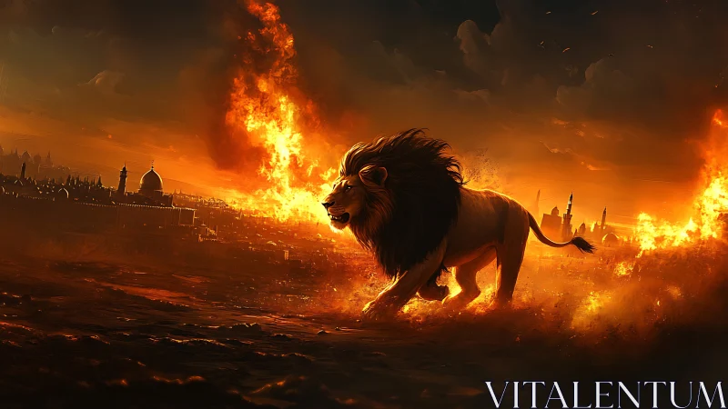 Majestic lion strides through infernal cityscape in blazing dusk