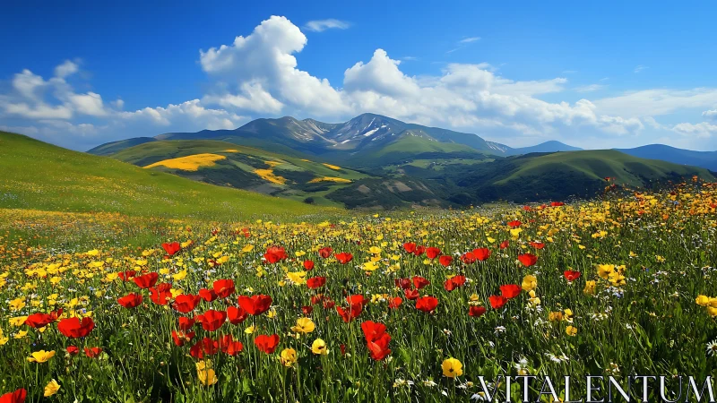 Mountain landscape shows wildflower meadow beneath clear sky