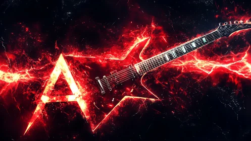 Flaming electric guitar carves a blazing letter A in space.