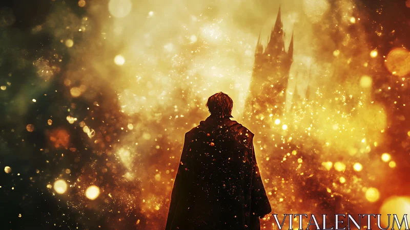 Cloaked figure before distant tower in golden haze.