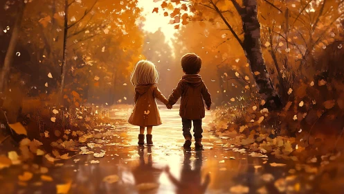 Children hold hands on golden autumn forest path toward light
