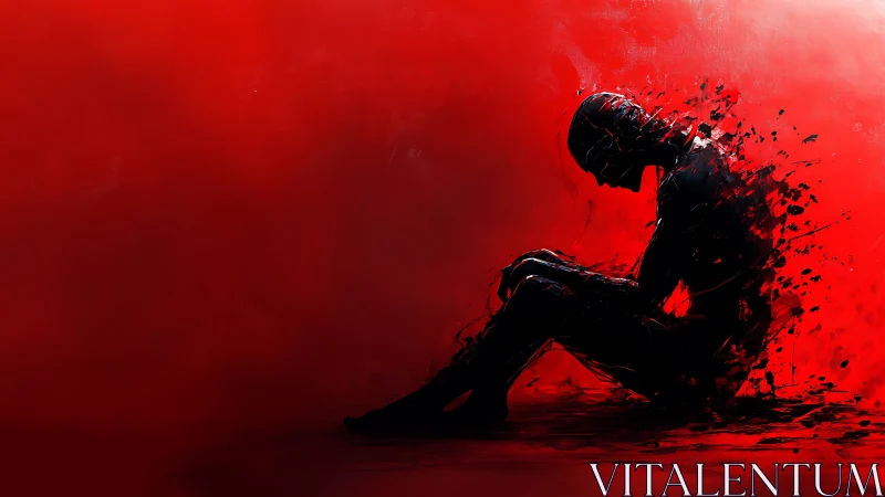 Digital painting of dissolving figure in red negative space.