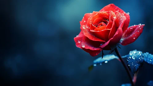 Red Rose with Dew Drops Against Blue Background.