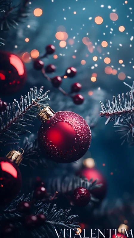 Red glass baubles glow on frosted Christmas tree branches