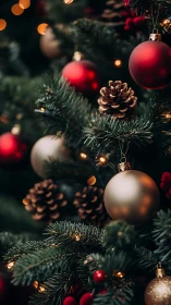 Red and gold ornaments on evergreen Christmas tree.