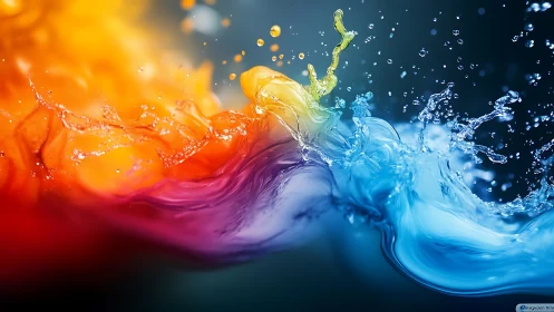 Joyful rainbow liquids dance together in a shimmering splash