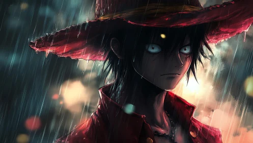 Rain-drenched straw-hatted warrior in stormlit resolve.