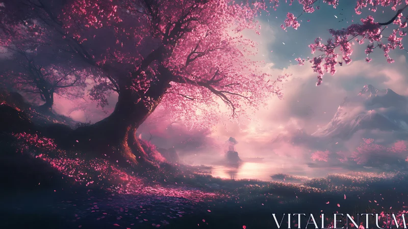 Digital landscape depicts flowering trees by reflective lake