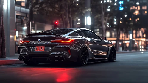 Black BMW sports coupe parked on glossy city street at night.
