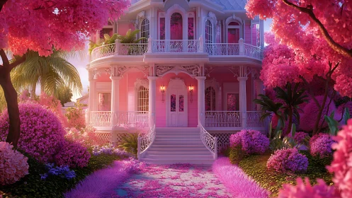 Cotton-candy manor glows in a dreamy sunset blossom storm.