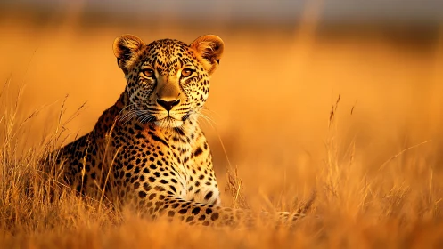 Golden savanna leopard resting in warm evening light.