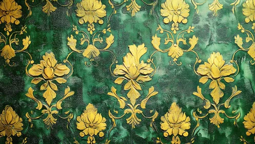 Baroque gold floral ornament over textured emerald ground.
